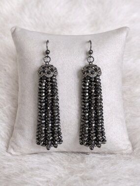 Black Beaded Tassel Earrings Gunmetal Gray Crystal Fringe Statement Dangle